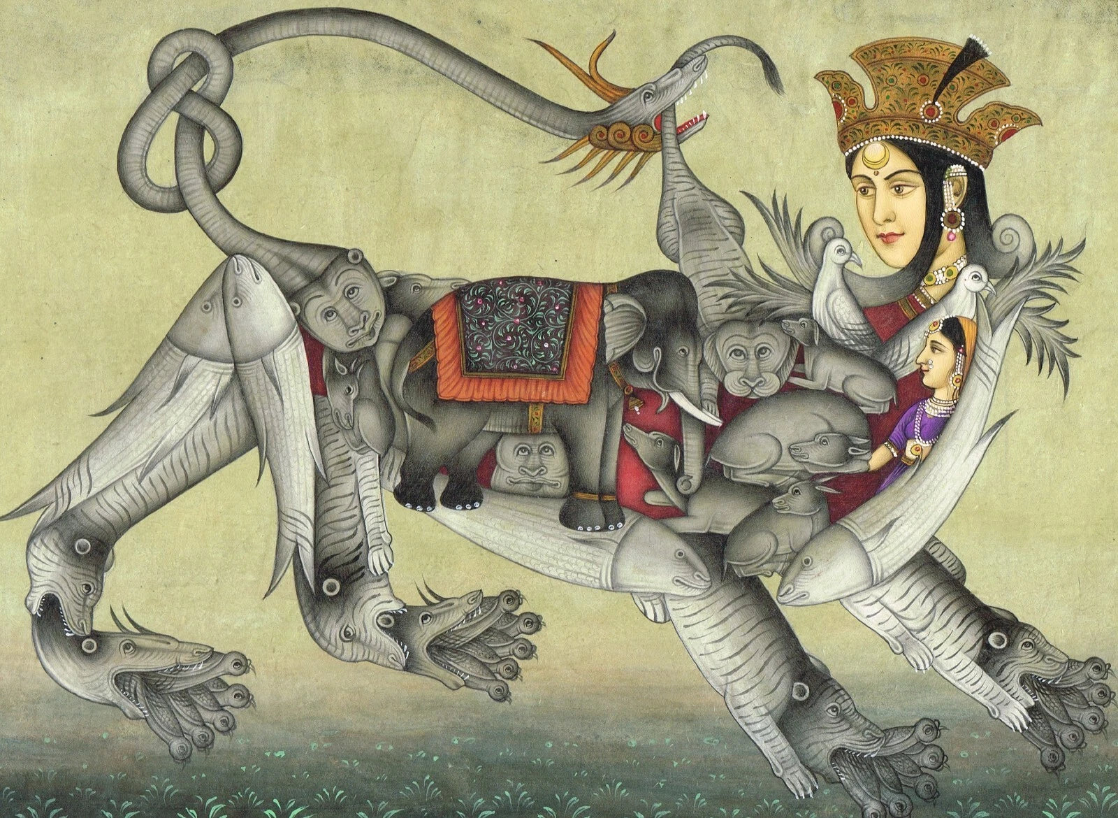 Composite Tiger Of Humans & Animals Having Face Of Queen Painting