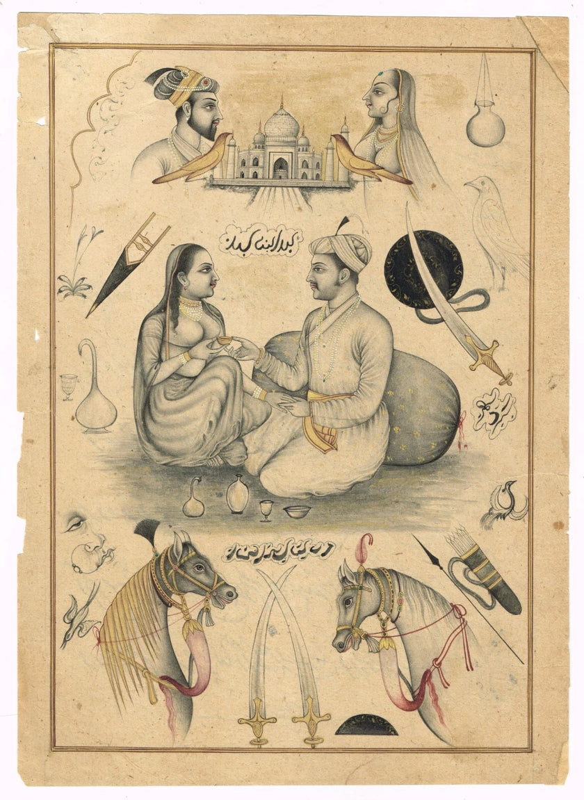 Painting Of Emperor And Empress With Weapons Mughal Ancient Art