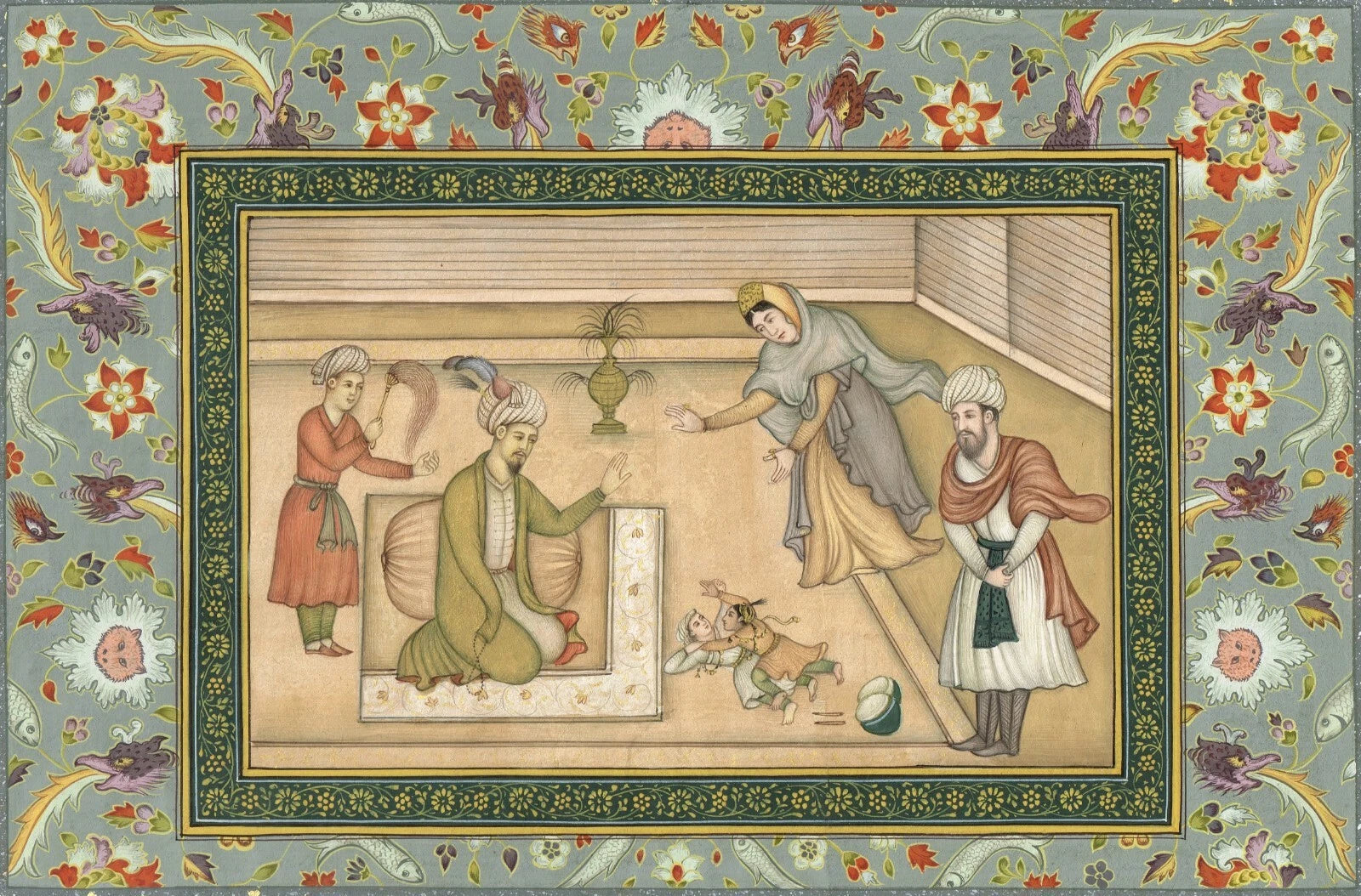The Infant Akbar Wrestles For A Drum, Mughal Miniature Old Painting