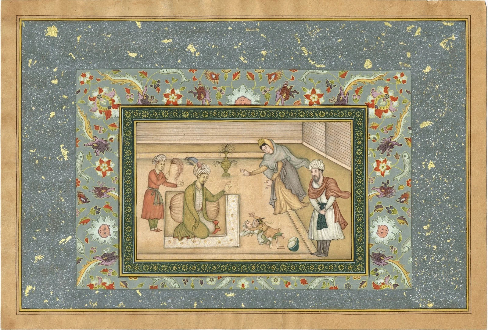 The Infant Akbar Wrestles For A Drum, Mughal Miniature Old Painting