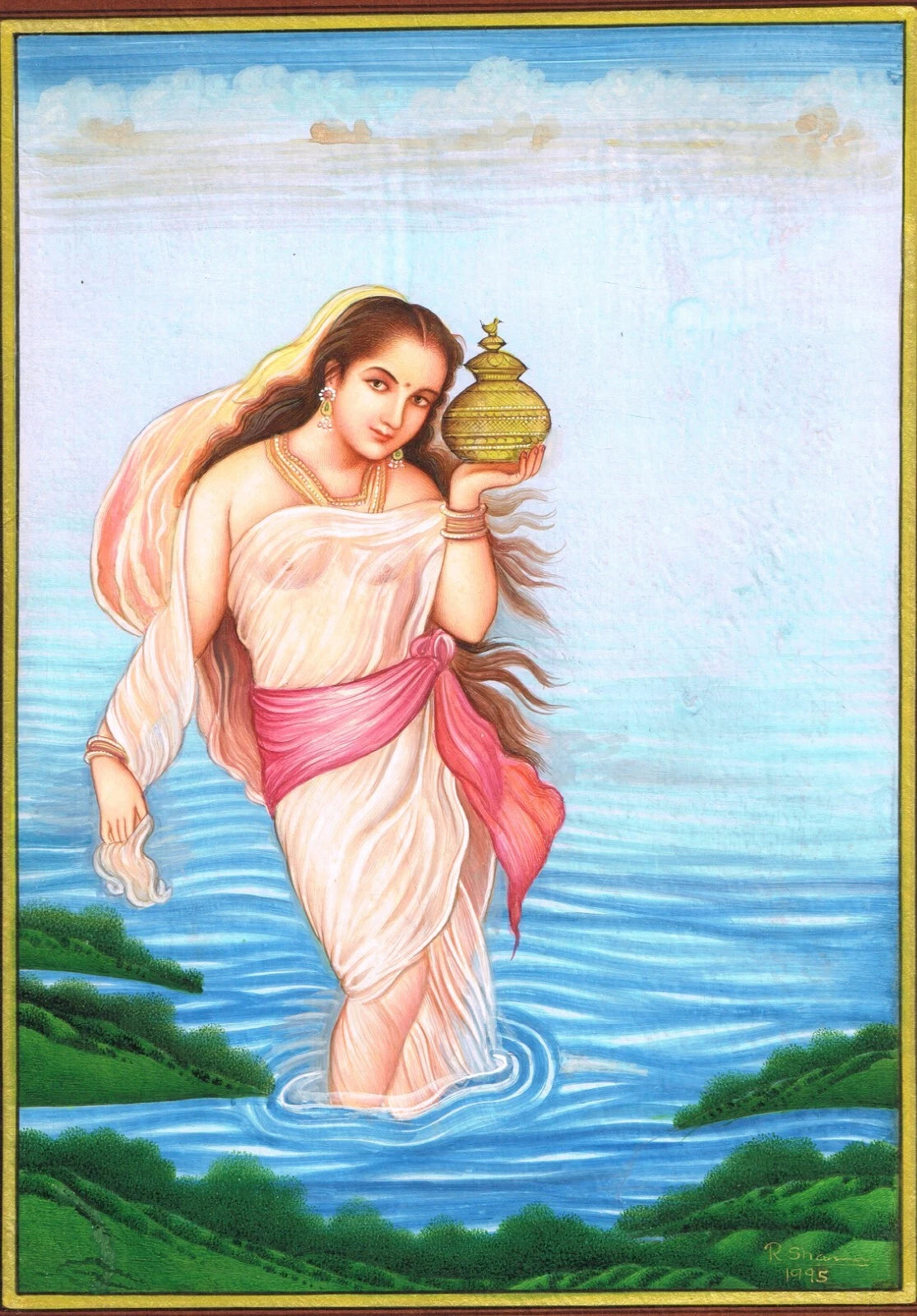 Wall Painting A Beautiful Woman In Lake With Pot Gouache On Paper