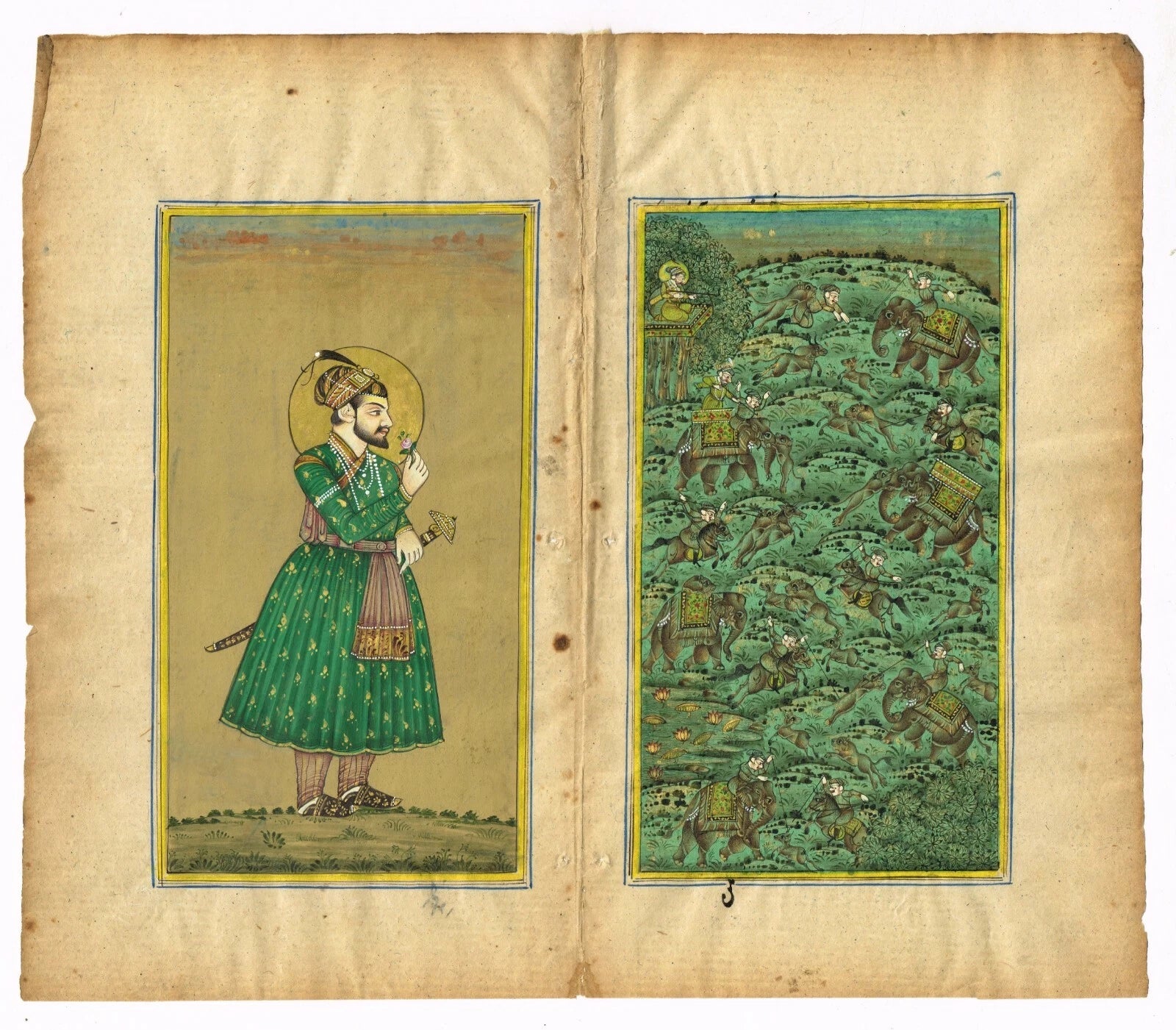 Miniature Portrait Of Mughal Emperor Shahjahan With Rose And Mughal Hunting Art