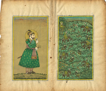 Miniature Portrait Of Mughal Emperor Shahjahan With Rose And Mughal Hunting Art