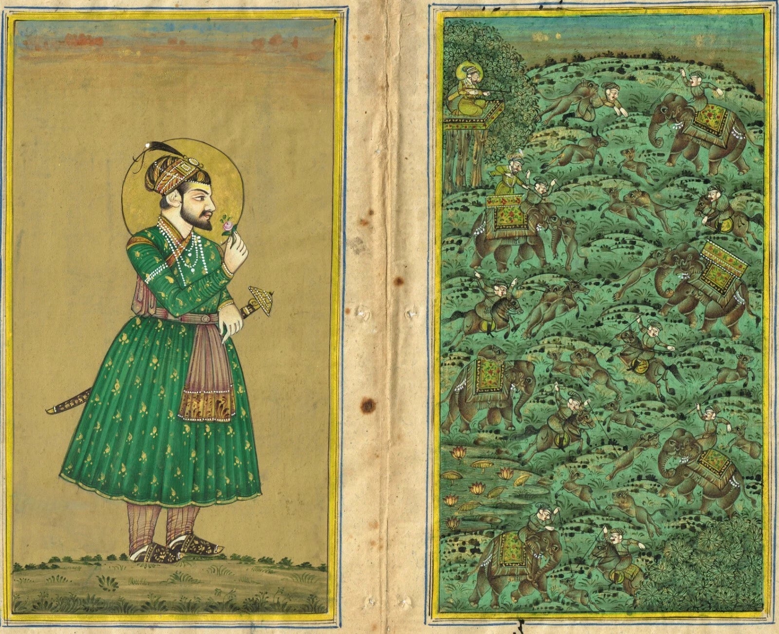 Miniature Portrait Of Mughal Emperor Shahjahan With Rose And Mughal Hunting Art