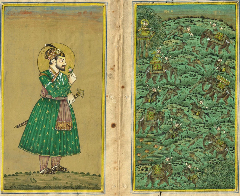 Miniature Portrait Of Mughal Emperor Shahjahan With Rose And Mughal Hunting Art