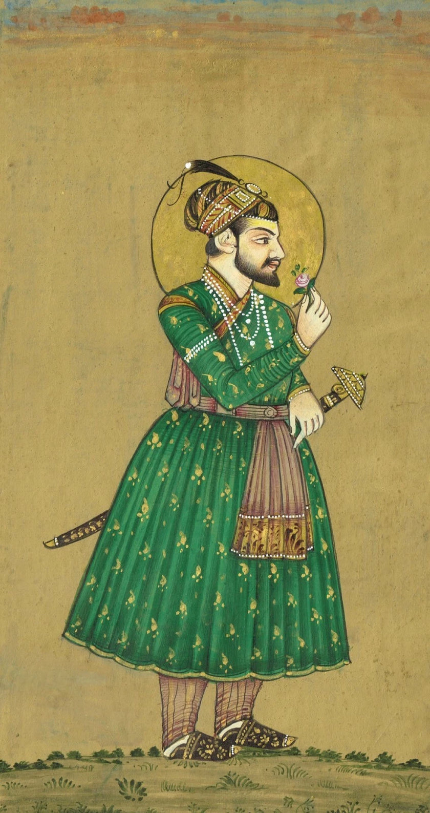Miniature Portrait Of Mughal Emperor Shahjahan With Rose And Mughal Hunting Art