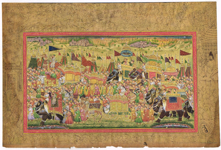 Indian Vintage Miniature Painting Of Mughal King Procession Art On Paper